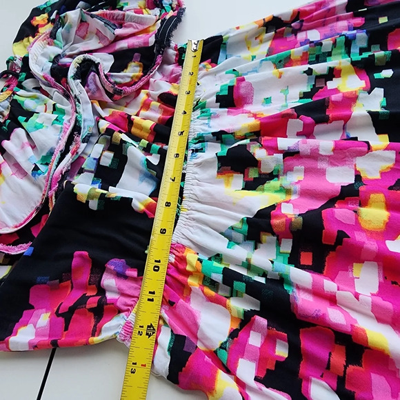 H&M Womens Dress sz 4 One Shoulder Bright Abstract Print Midi Ruffle Pink White - Picture 10 of 13